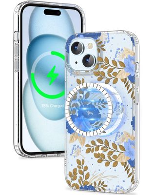 iMangoo Magnetic Case for iPhone 14 15 Plus Compatible with Magsafe Blue Flower