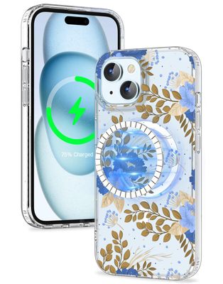 iMangoo Magnetic Case for iPhone 15 Compatible with Magsafe Blue Flower