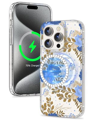 iMangoo Magnetic Case for iPhone 15 Pro Compatible with Magsafe Blue Flower